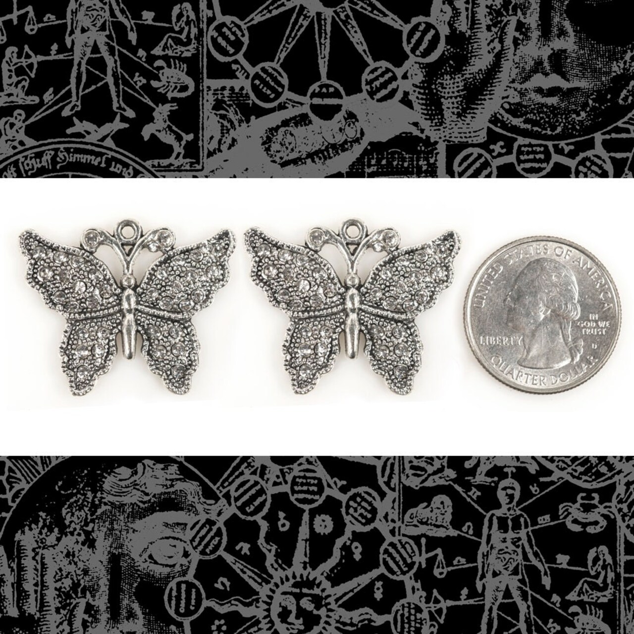 Silver Butterfly Charms with Clear Rhinestones - Set of Two - ZS-C25